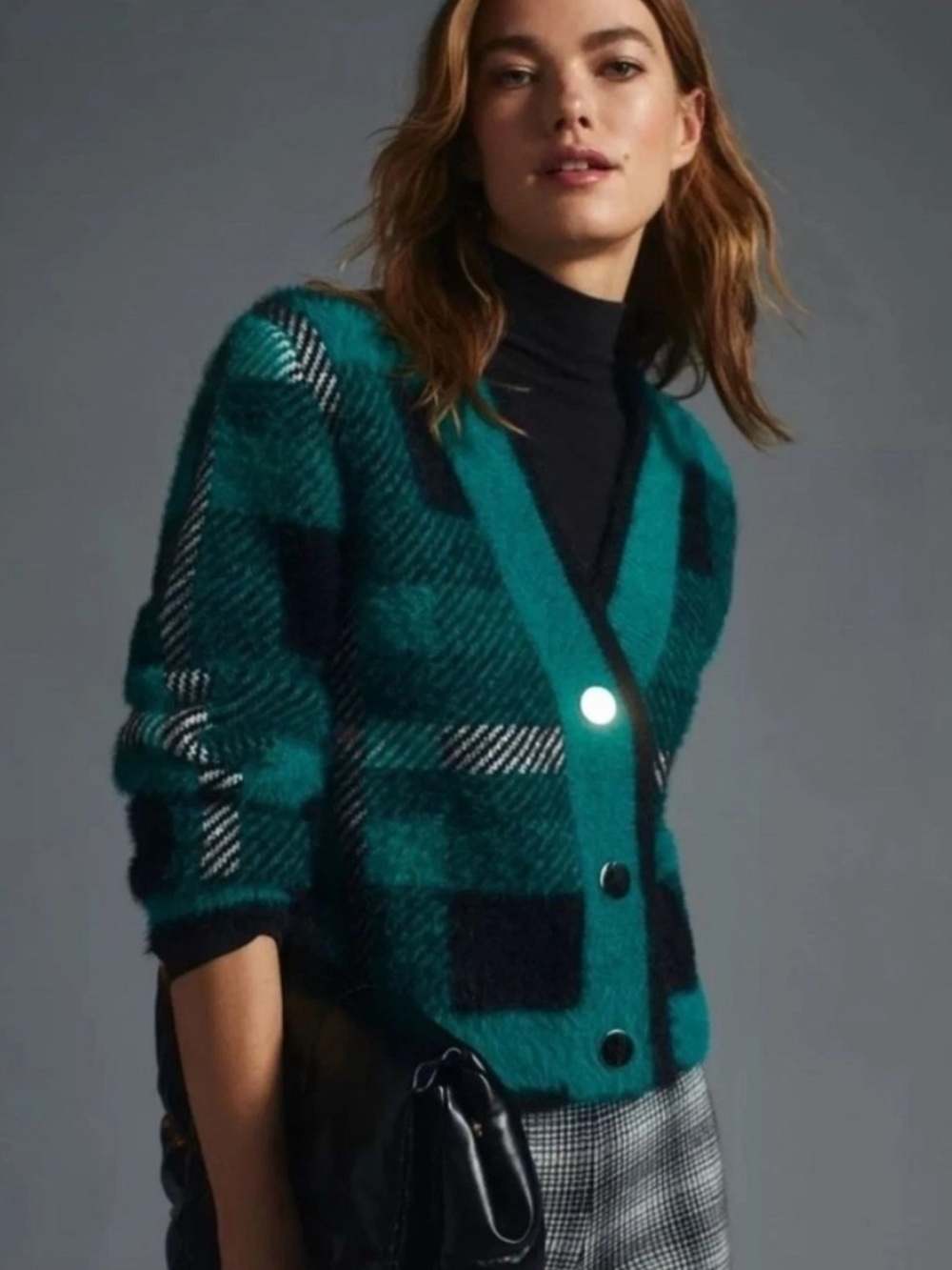 English Factory Taylor Plaid Fuzzy Knit Cardigan